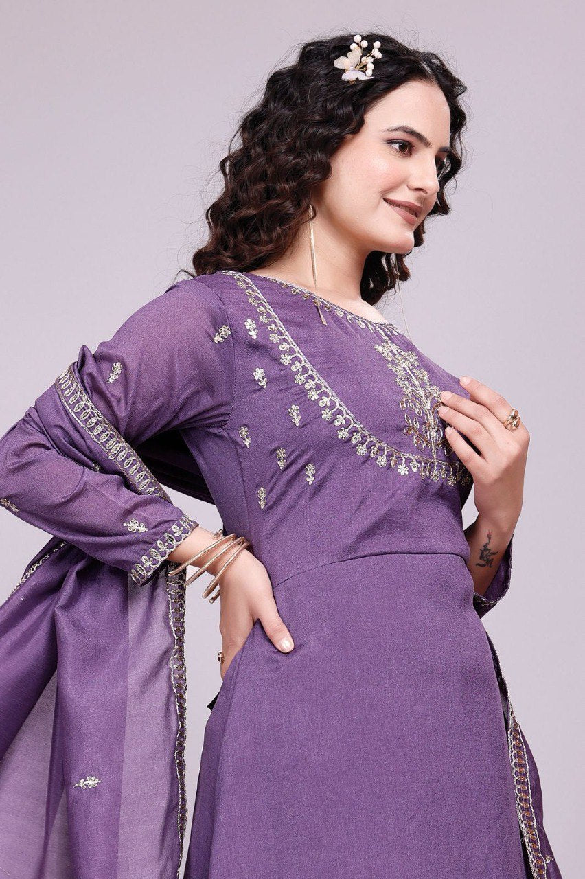 Prazu Fashion Lavender Vichitra Silk Embroidered Salwar Suit | Grocsy