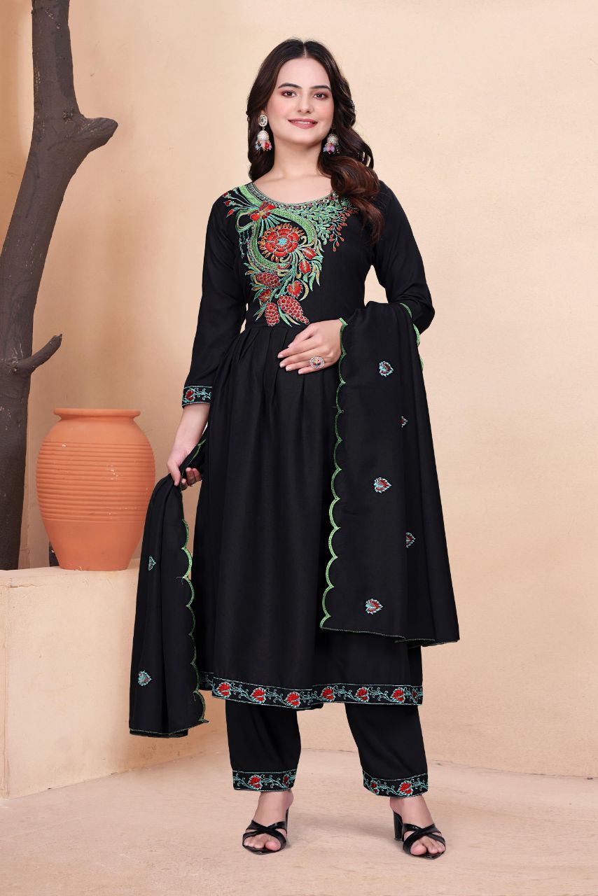 Prazu Fashion Black Vichitra Silk Embroidered Salwar Suit | Grocsy