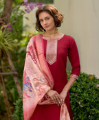 Prazu Fashion Maroon Viscose Rayon Embroidered Straight Kurta Set | Grocsy