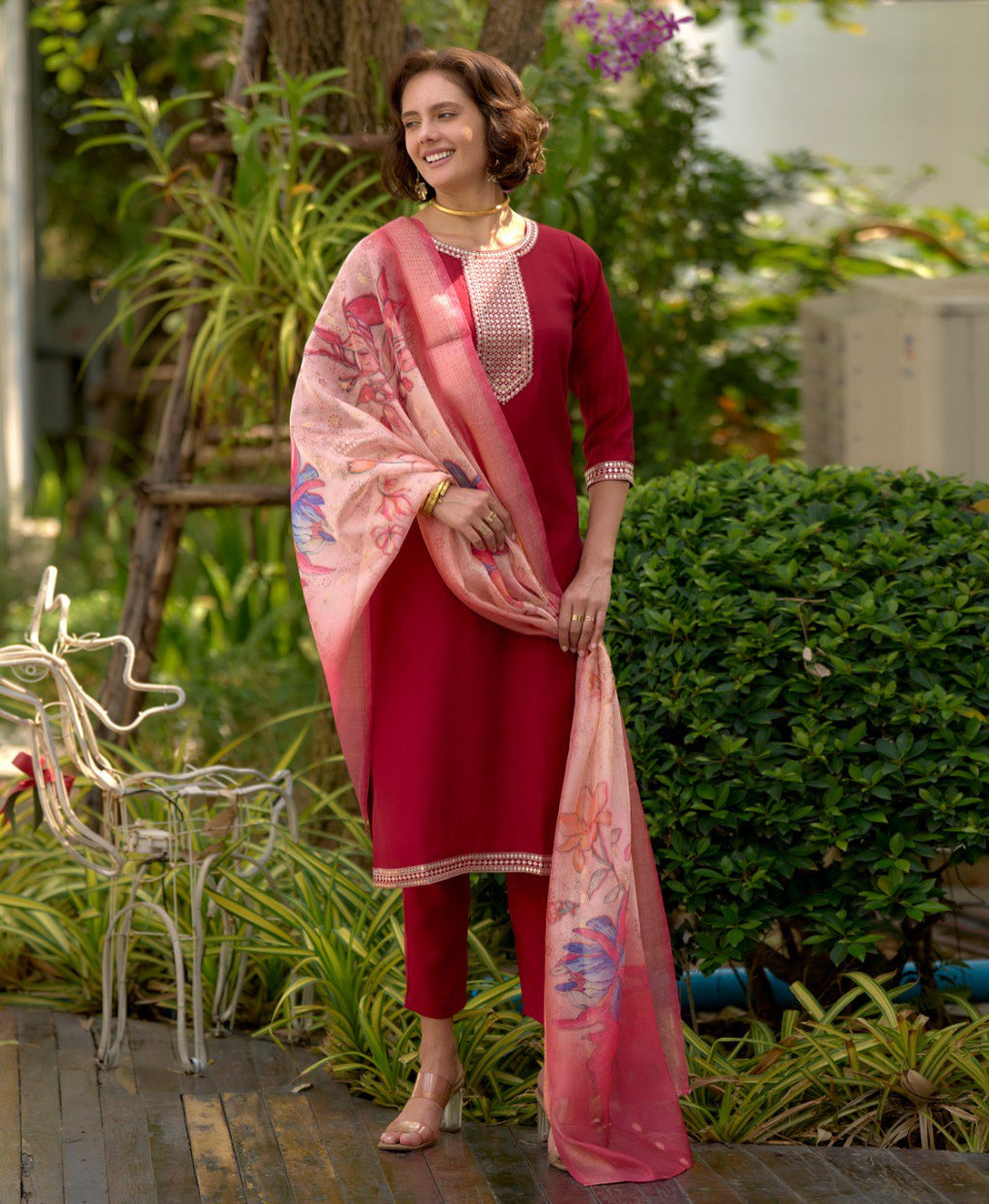 Prazu Fashion Maroon Viscose Rayon Embroidered Straight Kurta Set | Grocsy