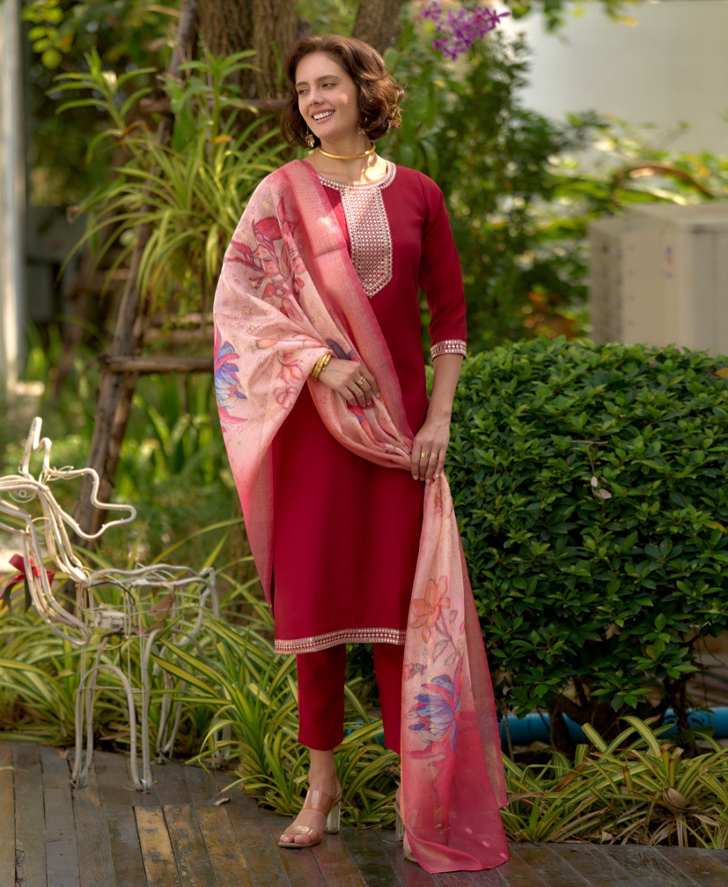 Prazu Fashion Maroon Viscose Rayon Embroidered Straight Kurta Set | Grocsy