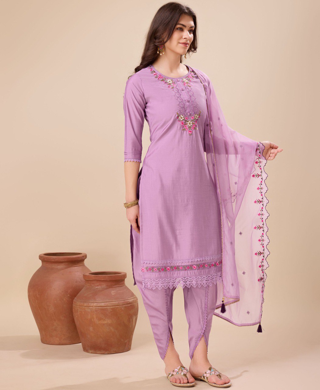 Prazu Fashion Lavender Viscose Silk Embroidered Kurta Set With Dhoti Pant | Grocsy
