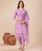 Prazu Fashion Lavender Viscose Silk Embroidered Kurta Set With Dhoti Pant | Grocsy