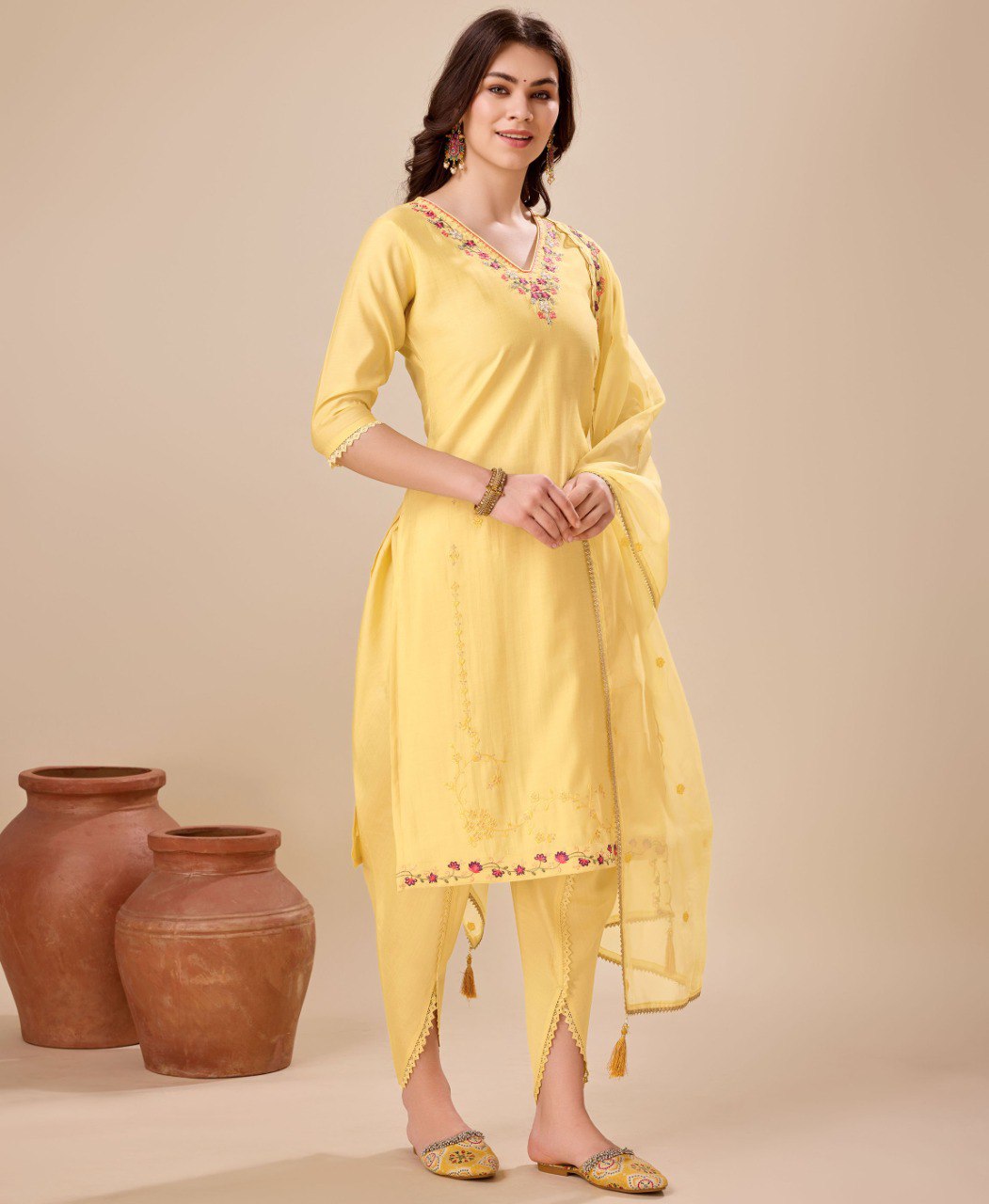 Prazu Fashion Yellow Viscose Silk Embroidered Kurta Set With Dhoti Pant | Grocsy