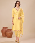 Prazu Fashion Yellow Viscose Silk Embroidered Kurta Set With Dhoti Pant | Grocsy