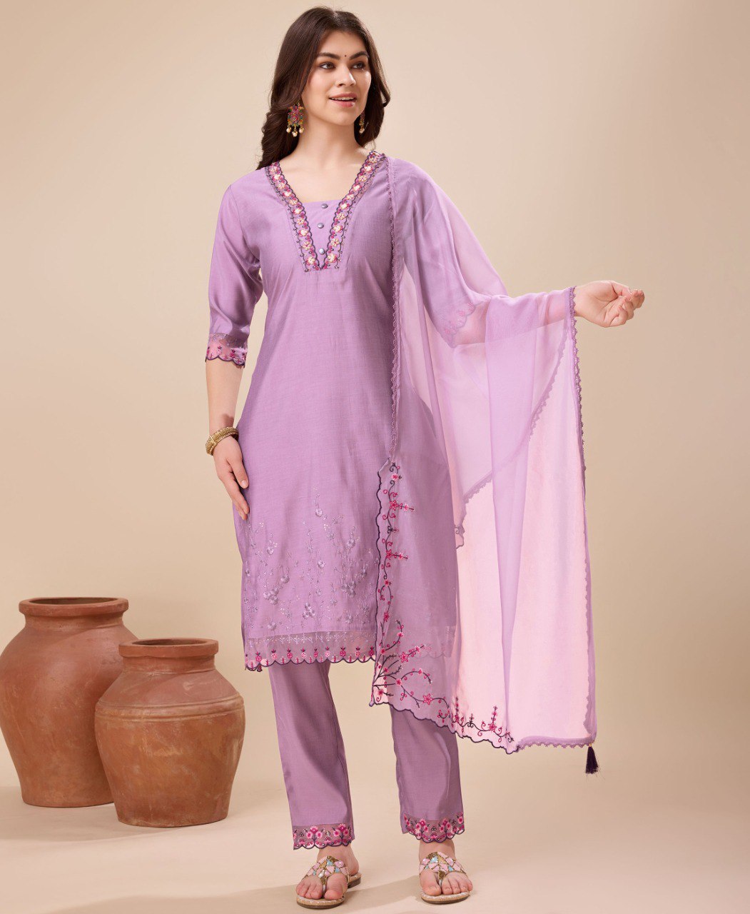 Prazu Fashion Lavender Viscose Silk Embroidered Kurta Set | Grocsy