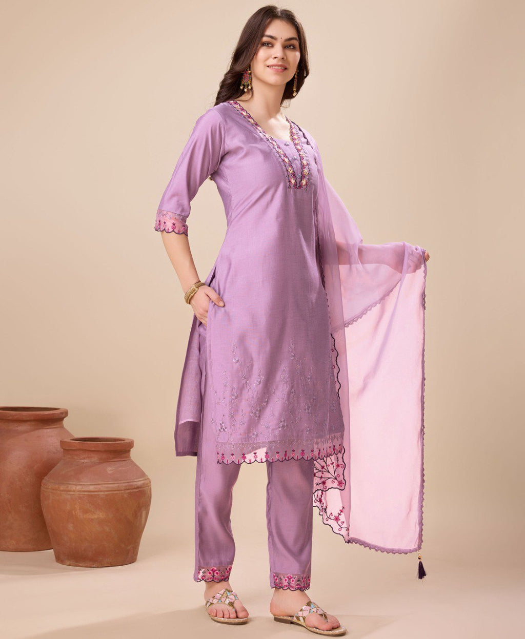 Prazu Fashion Lavender Viscose Silk Embroidered Kurta Set | Grocsy