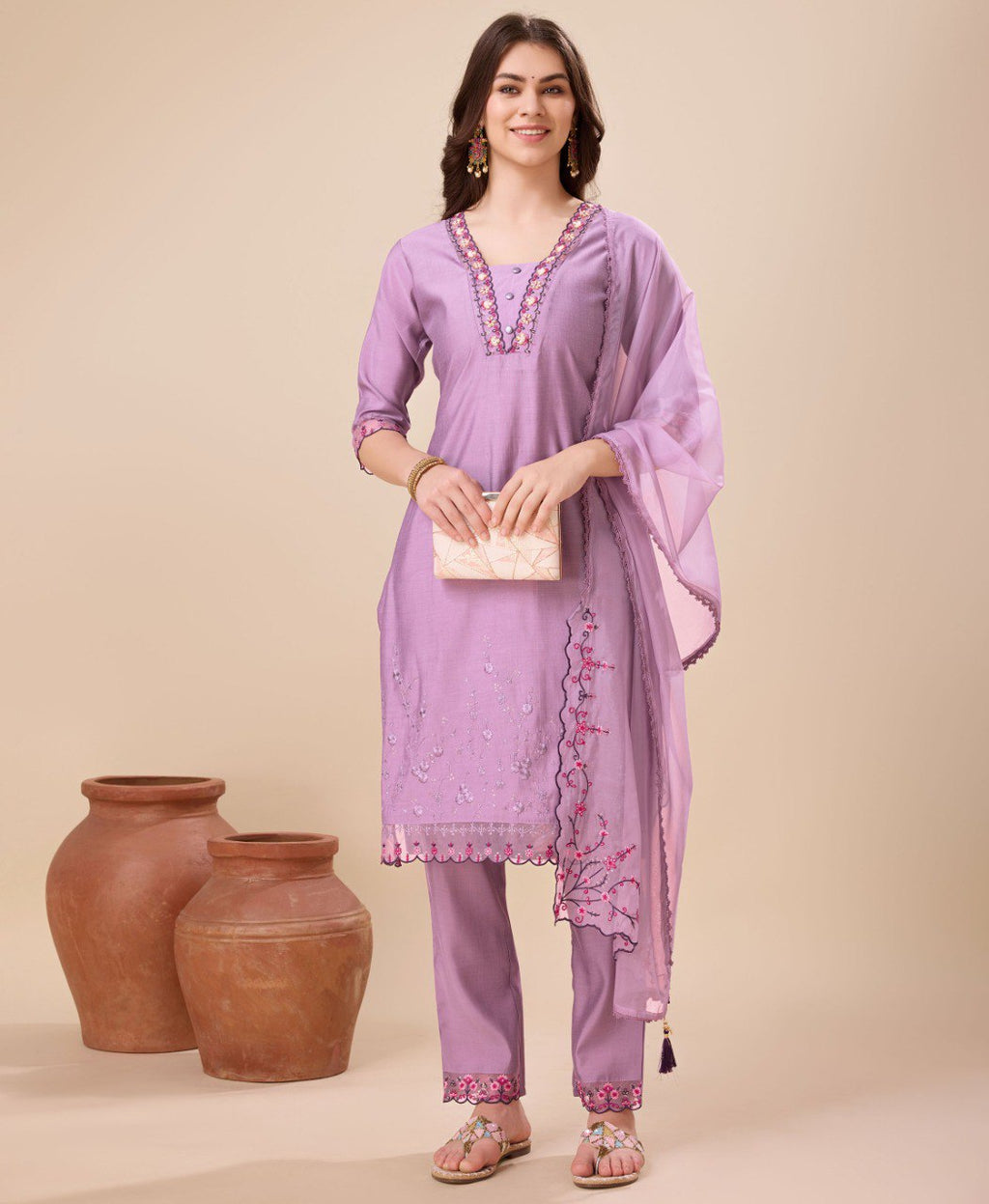 Prazu Fashion Lavender Viscose Silk Embroidered Kurta Set | Grocsy