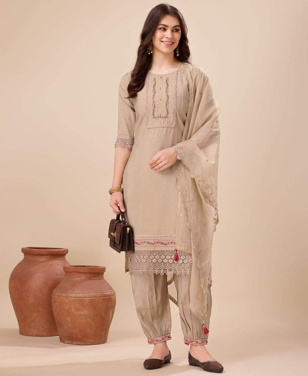 Prazu Fashion Beige Viscose Silk Embroidered Kurta Set With Afghani Salwar | Grocsy