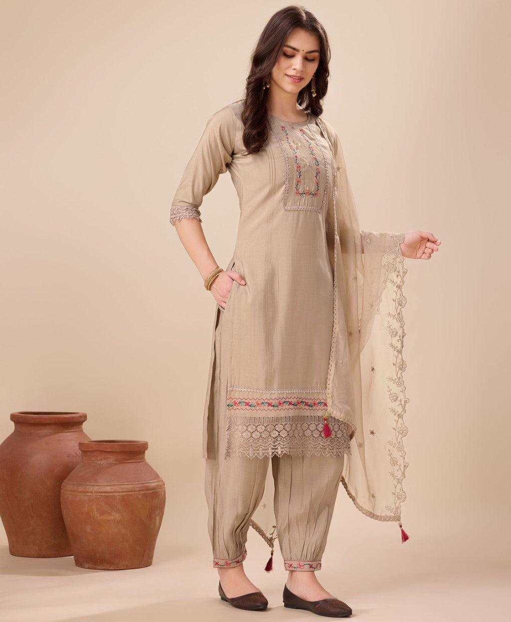 Prazu Fashion Beige Viscose Silk Embroidered Kurta Set With Afghani Salwar | Grocsy