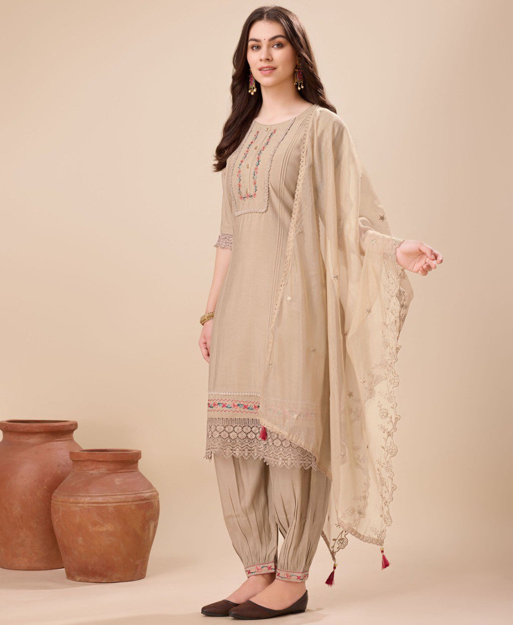 Prazu Fashion Beige Viscose Silk Embroidered Kurta Set With Afghani Salwar | Grocsy