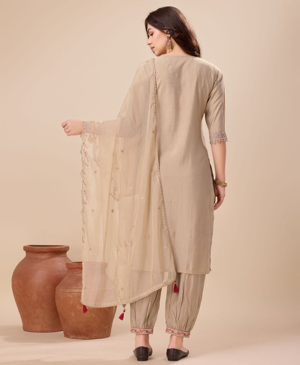 Prazu Fashion Beige Viscose Silk Embroidered Kurta Set With Afghani Salwar | Grocsy