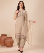 Prazu Fashion Beige Viscose Silk Embroidered Kurta Set With Afghani Salwar | Grocsy