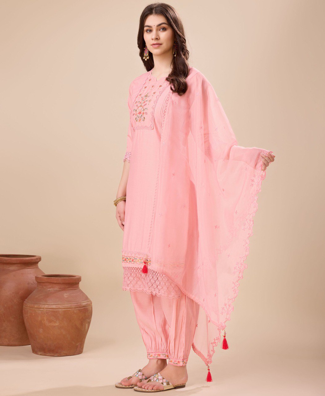 Prazu Fashion Peach Viscose Silk Embroidered Kurta Set With Afghani Salwar | Grocsy