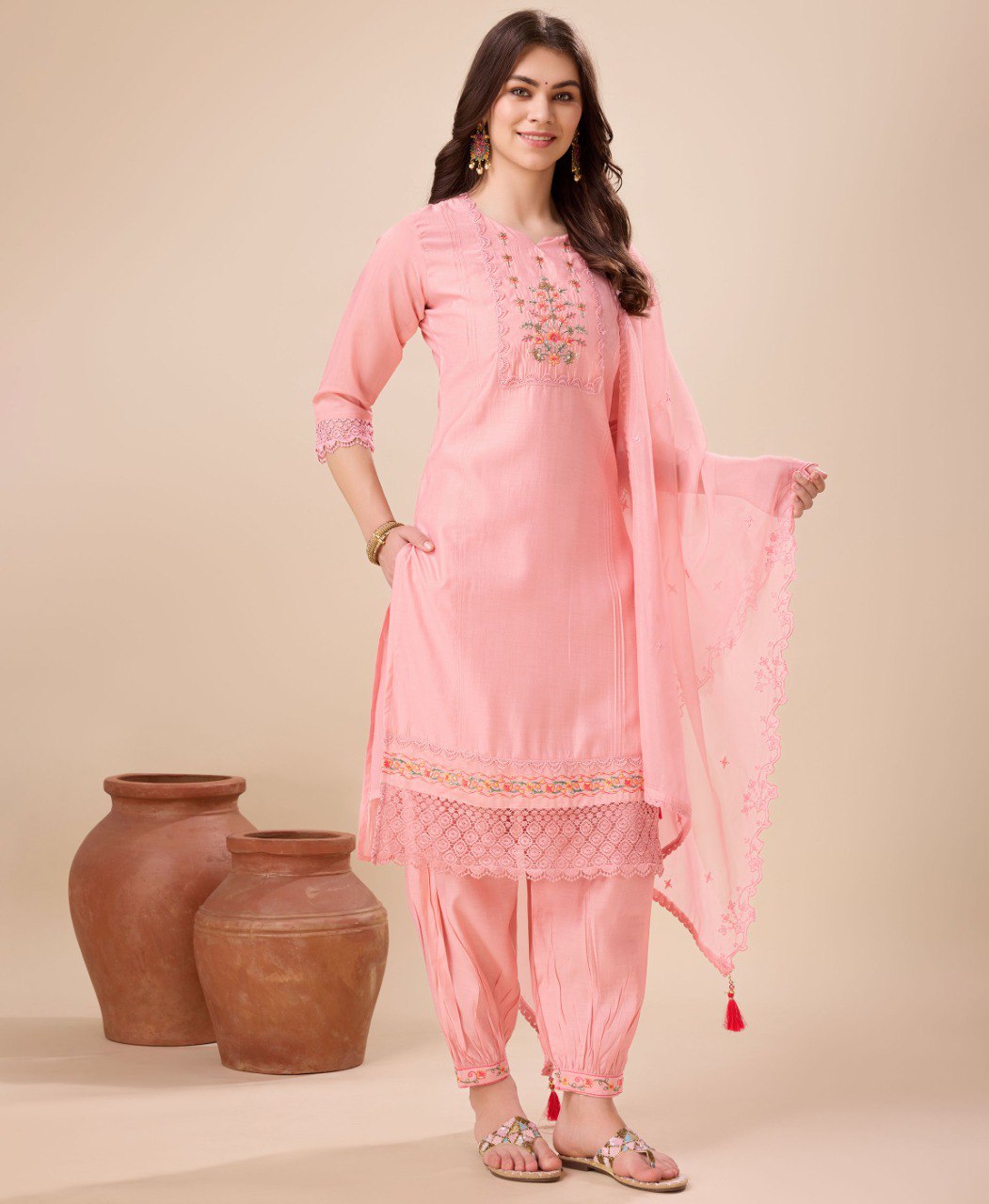 Prazu Fashion Peach Viscose Silk Embroidered Kurta Set With Afghani Salwar | Grocsy