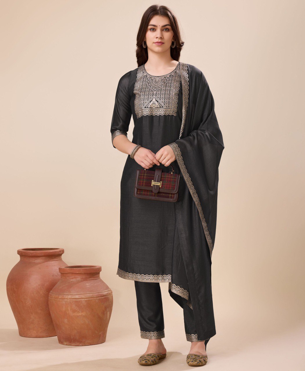 Prazu Fashion Black Vichitra Silk Jacquard Salwar Suit | Grocsy