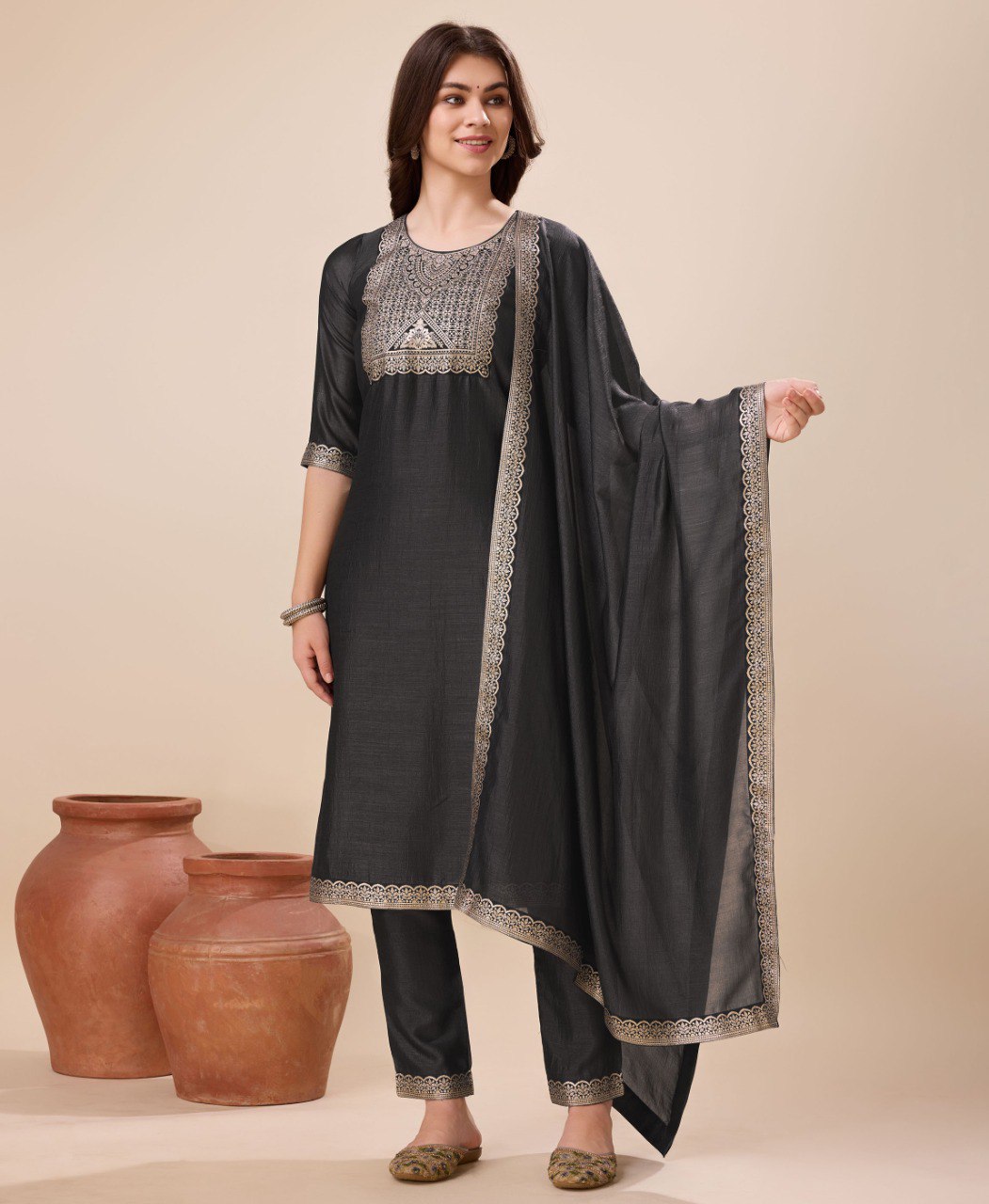 Prazu Fashion Black Vichitra Silk Jacquard Salwar Suit | Grocsy