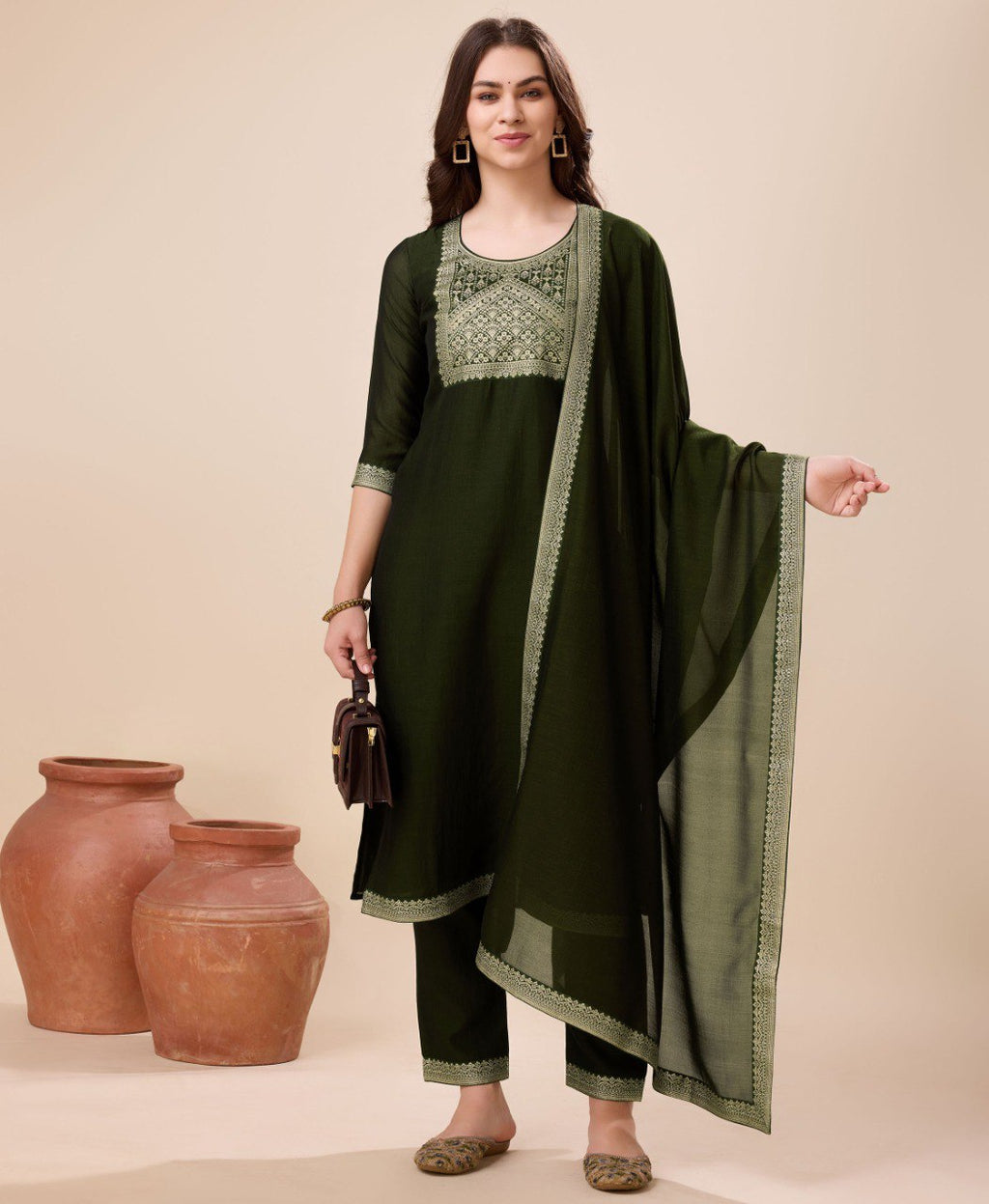 Prazu Fashion Green Vichitra Silk Jacquard Salwar Suit | Grocsy
