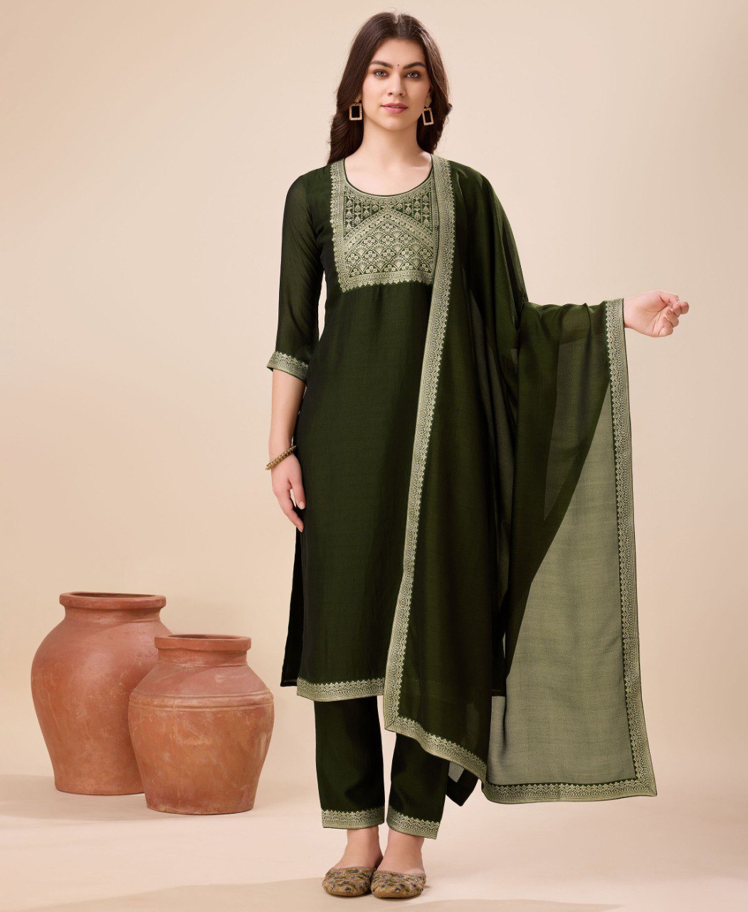 Prazu Fashion Green Vichitra Silk Jacquard Salwar Suit | Grocsy