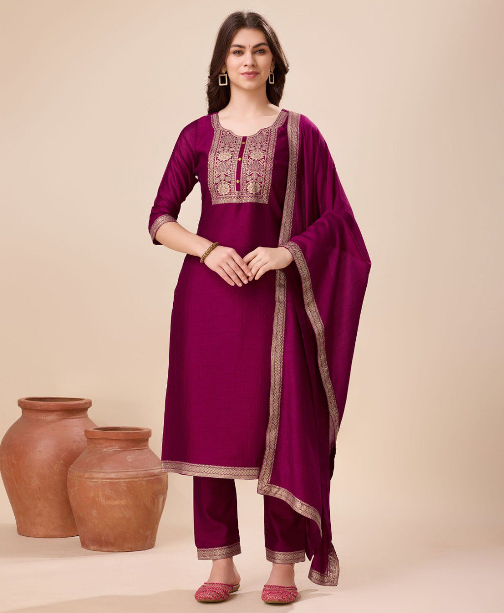 Prazu Fashion Wine Vichitra Silk Jacquard Salwar Suit | Grocsy