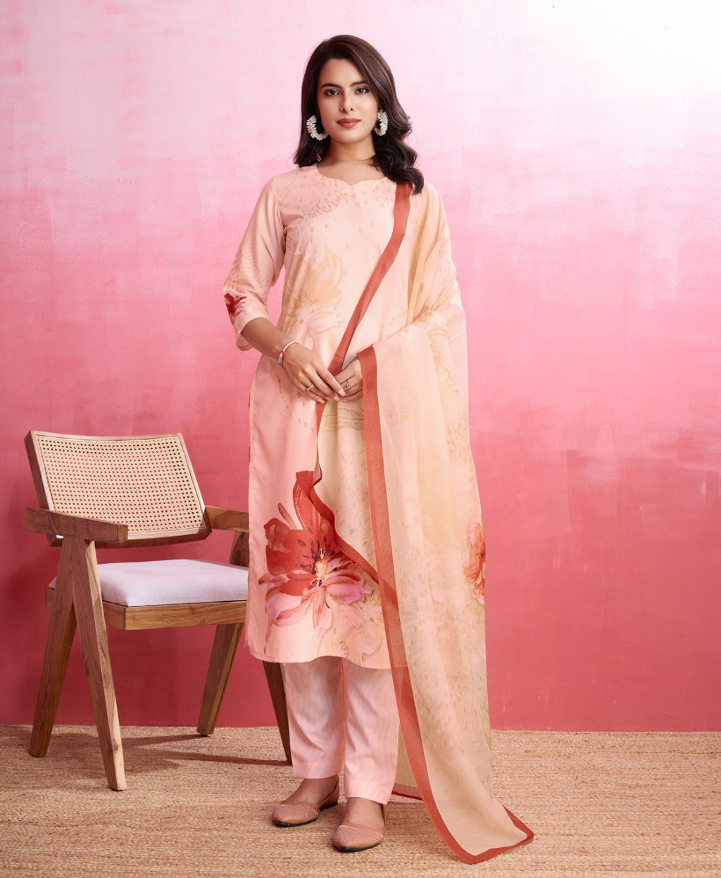 Prazu Fashion Peach Crepe Printed Designer Kurta Set | Grocsy