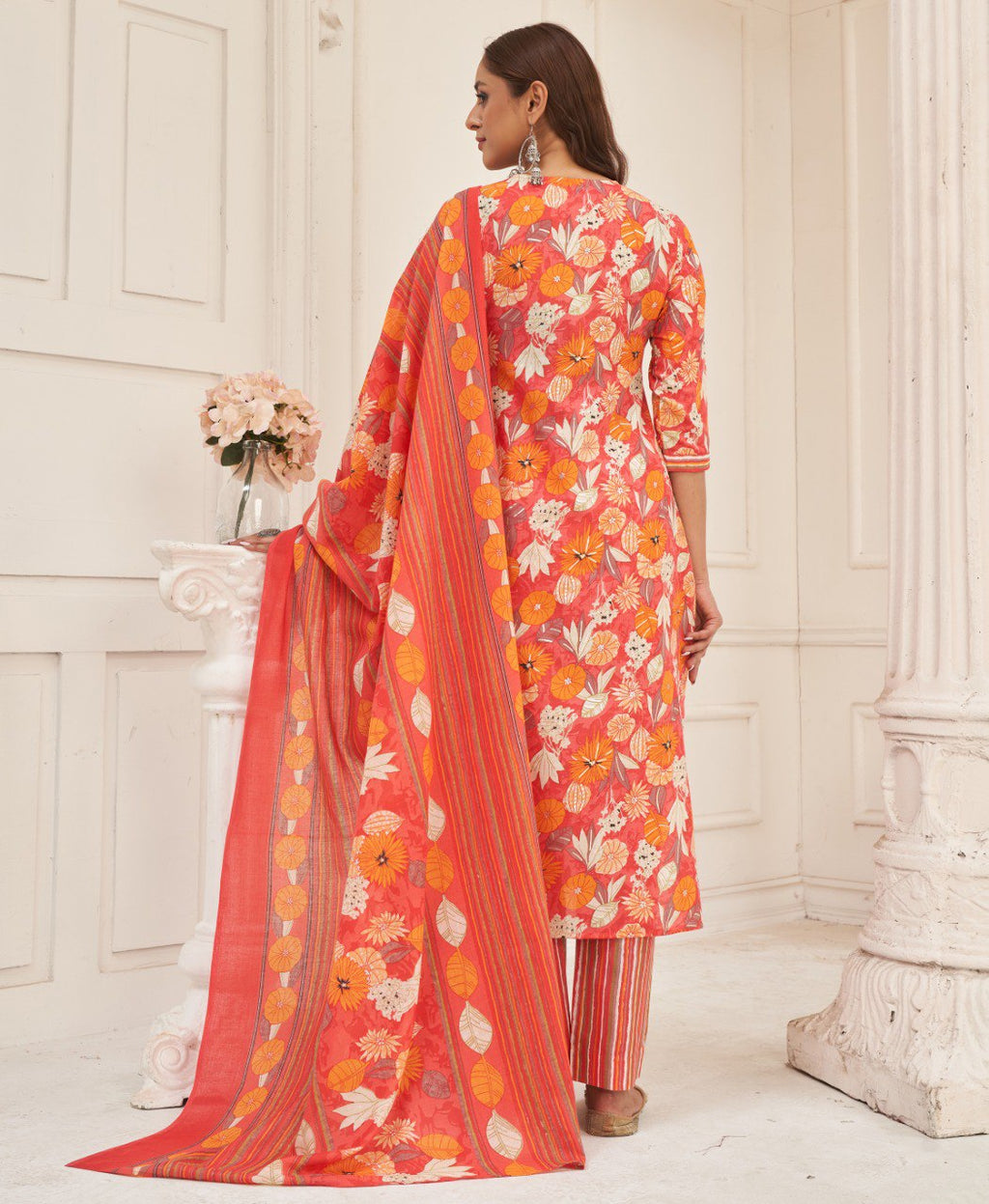 Prazu Fashion Peach Cotton Foil Printed Kurta Set | Grocsy