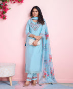 Prazu Fashion Sky Blue Viscose Silk Embroidered Kurta Set | Grocsy