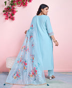 Prazu Fashion Sky Blue Viscose Silk Embroidered Kurta Set | Grocsy