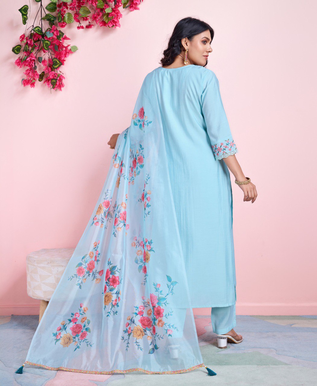 Prazu Fashion Sky Blue Viscose Silk Embroidered Kurta Set | Grocsy