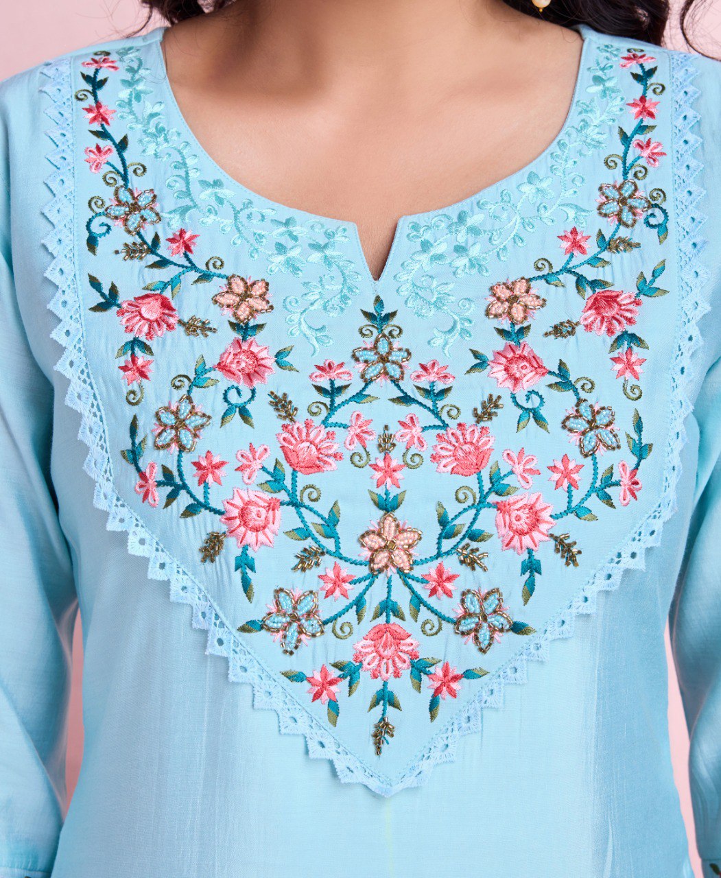 Prazu Fashion Sky Blue Viscose Silk Embroidered Kurta Set | Grocsy