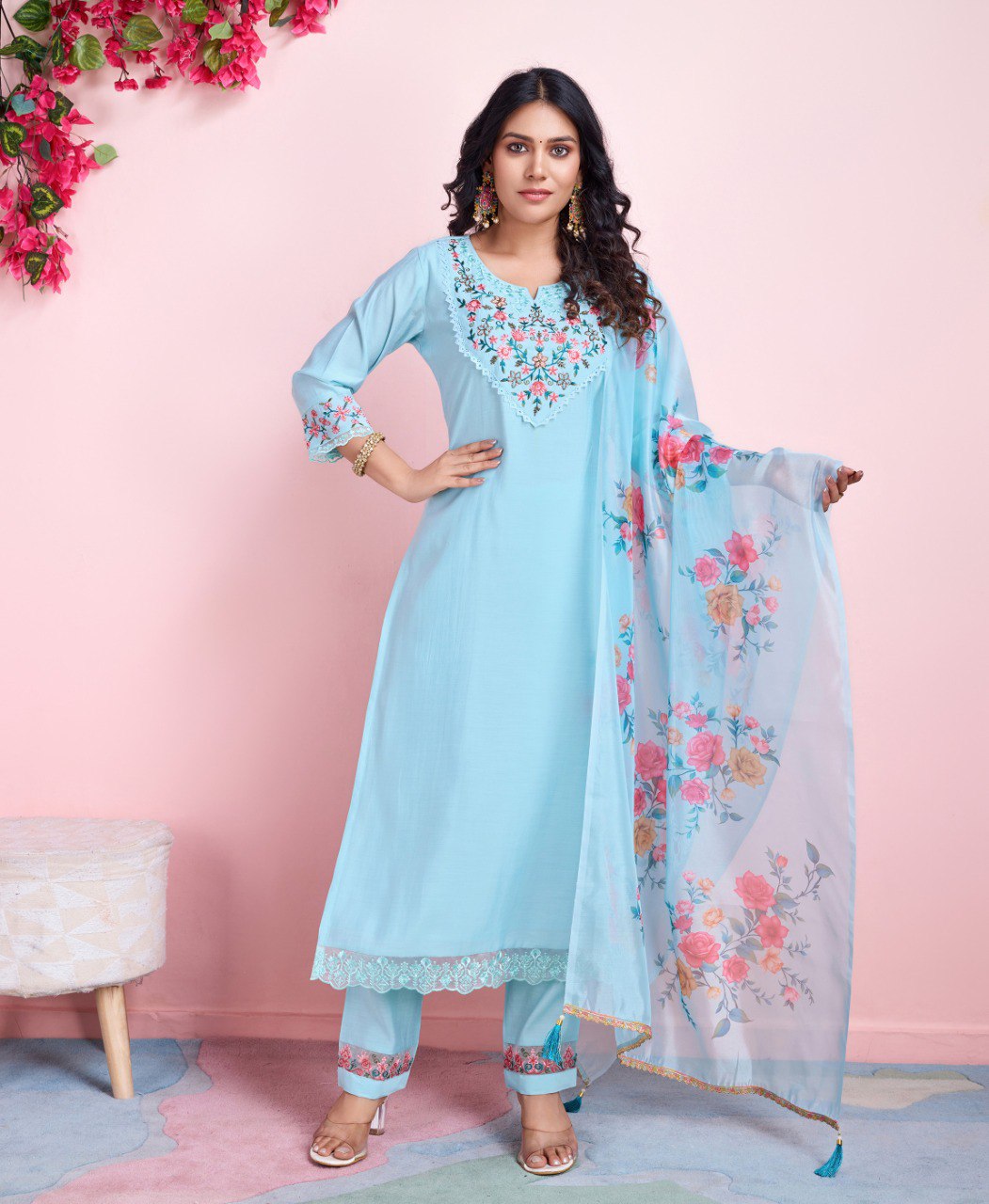 Prazu Fashion Sky Blue Viscose Silk Embroidered Kurta Set | Grocsy