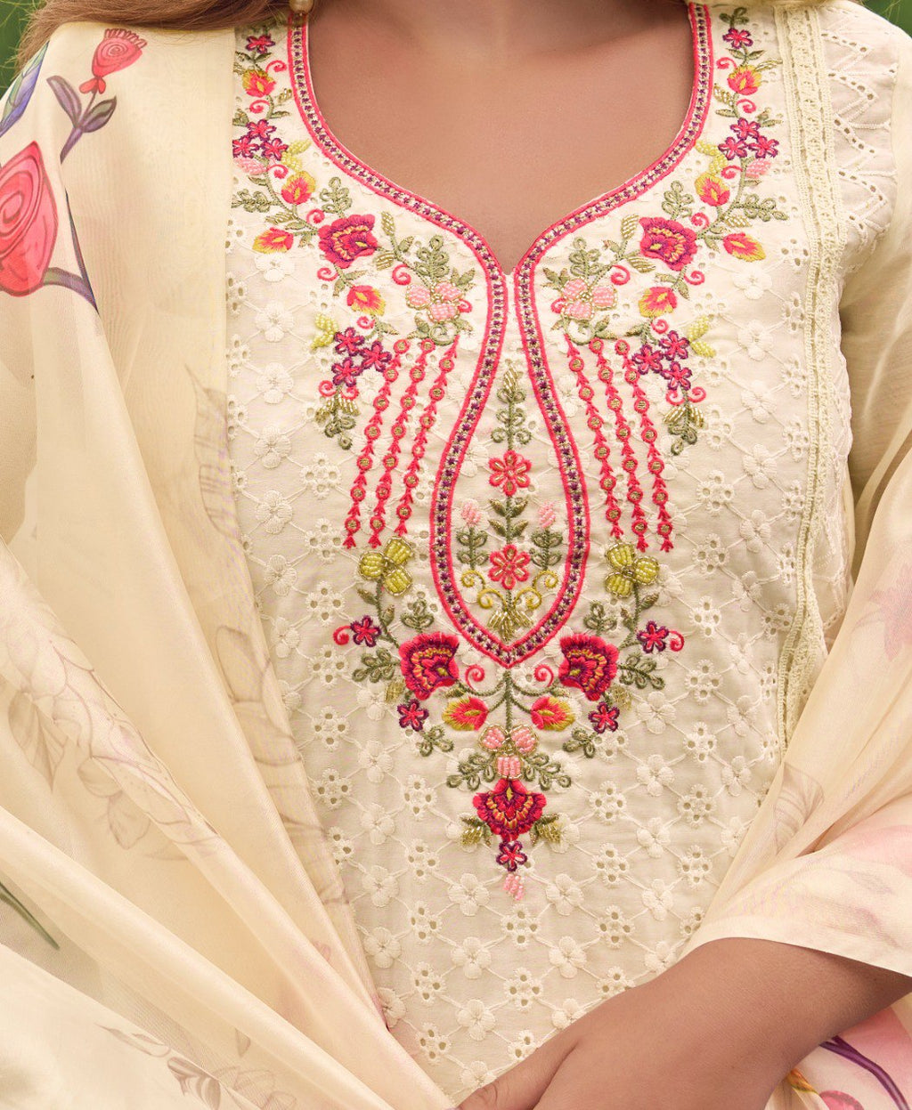 Prazu Fashion Off-White Chanderi Silk Chikankari Embroidered Kurta Set | Grocsy