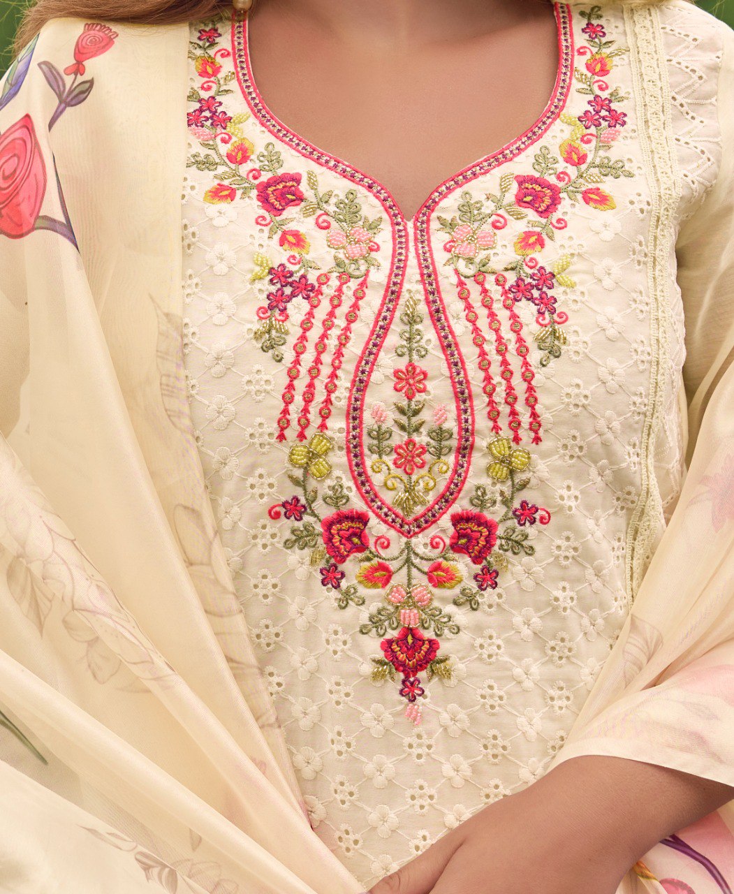 Prazu Fashion Off-White Chanderi Silk Chikankari Embroidered Kurta Set | Grocsy