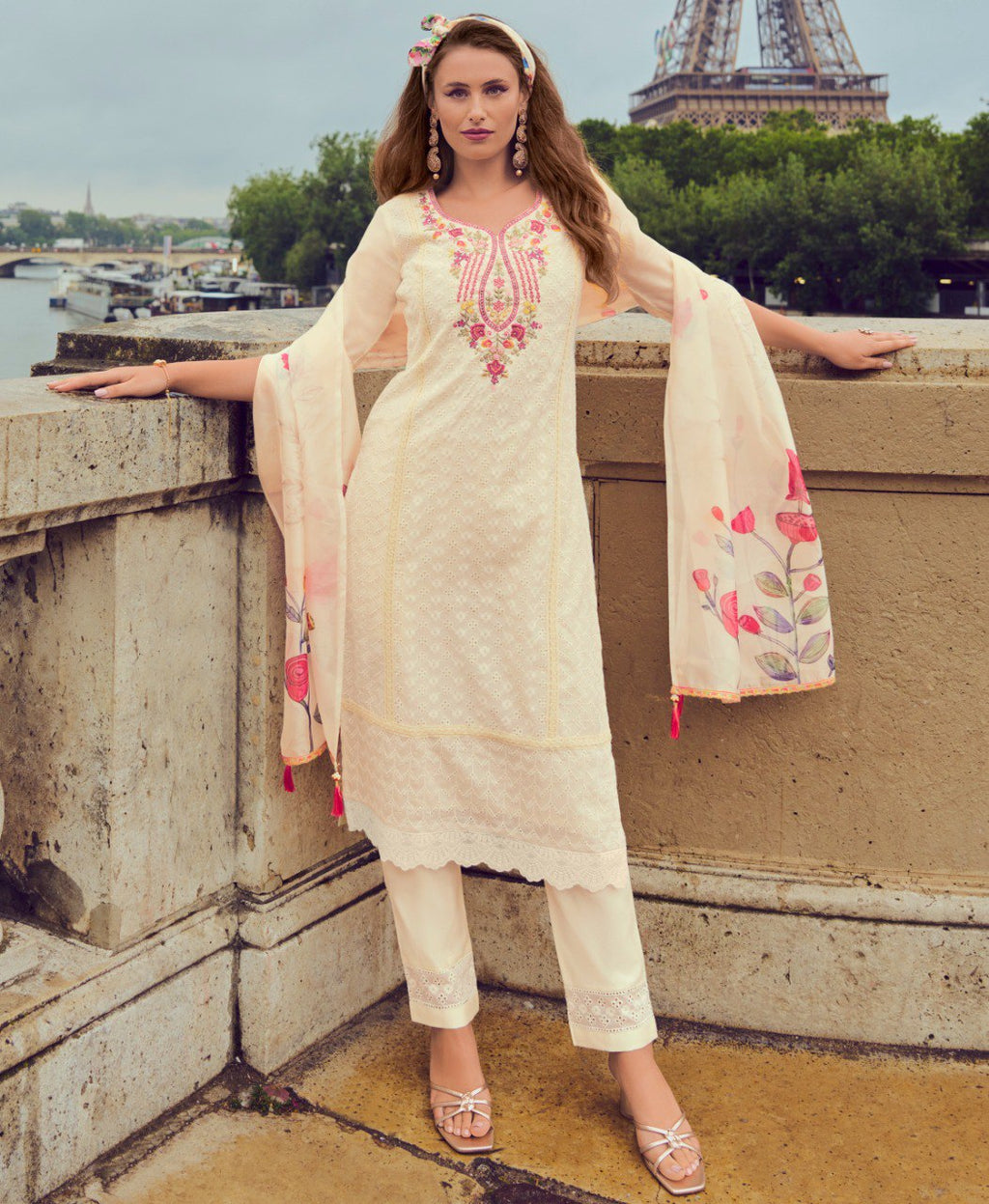 Prazu Fashion Off-White Chanderi Silk Chikankari Embroidered Kurta Set | Grocsy