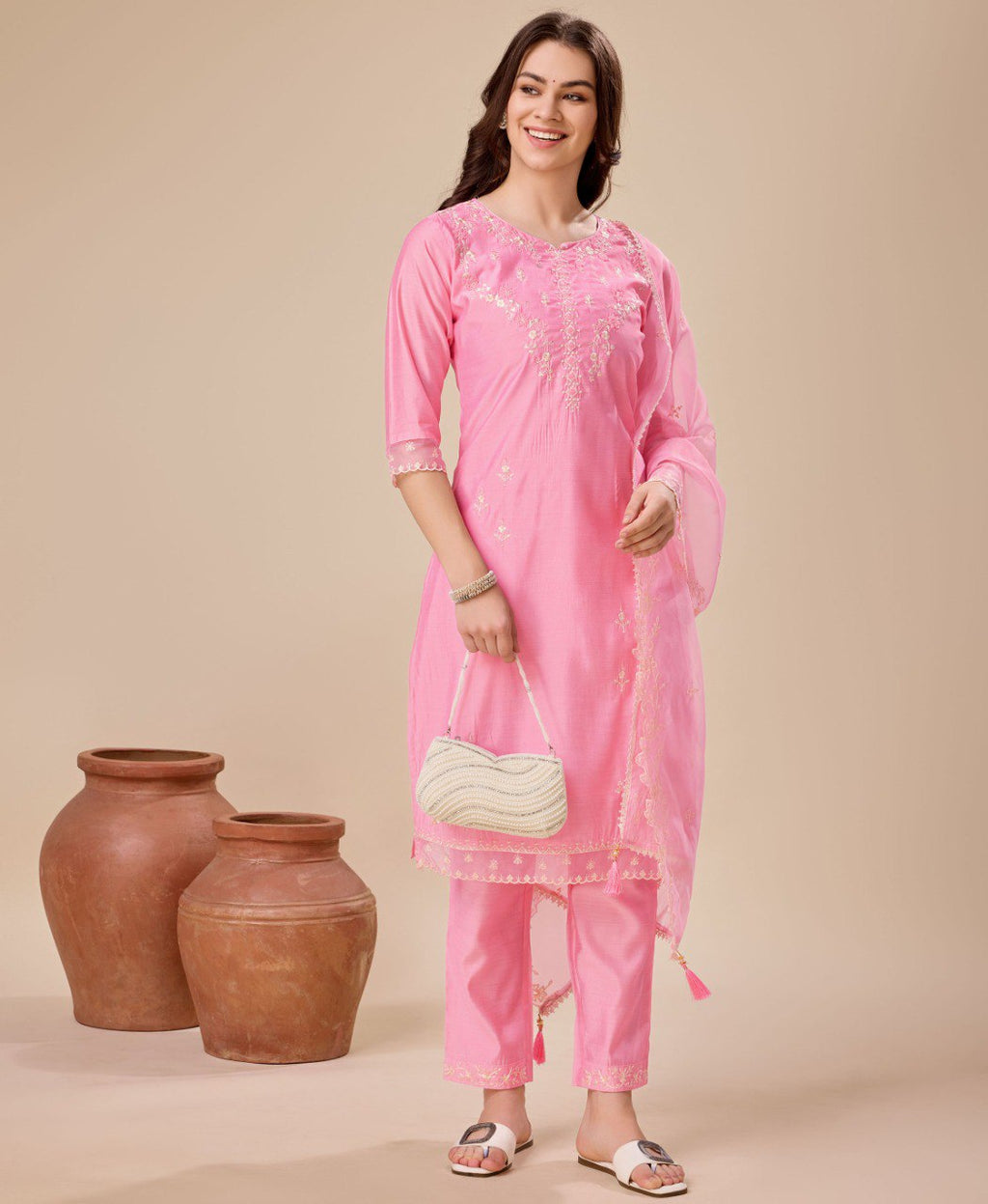 Prazu Fashion Pink Viscose Silk Embroidered Kurta Set | Grocsy