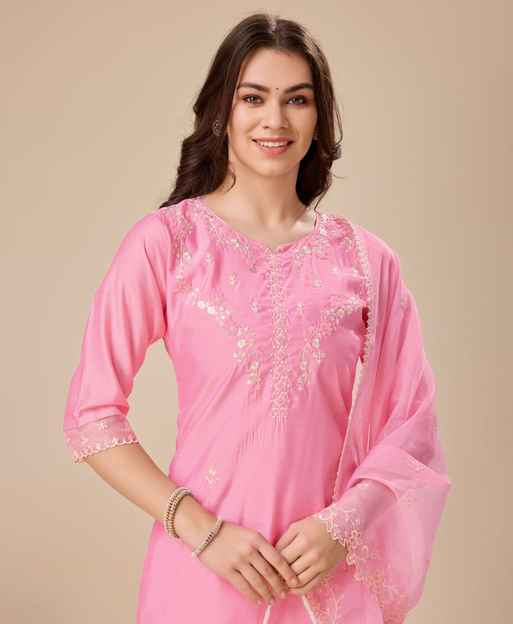 Prazu Fashion Pink Viscose Silk Embroidered Kurta Set | Grocsy