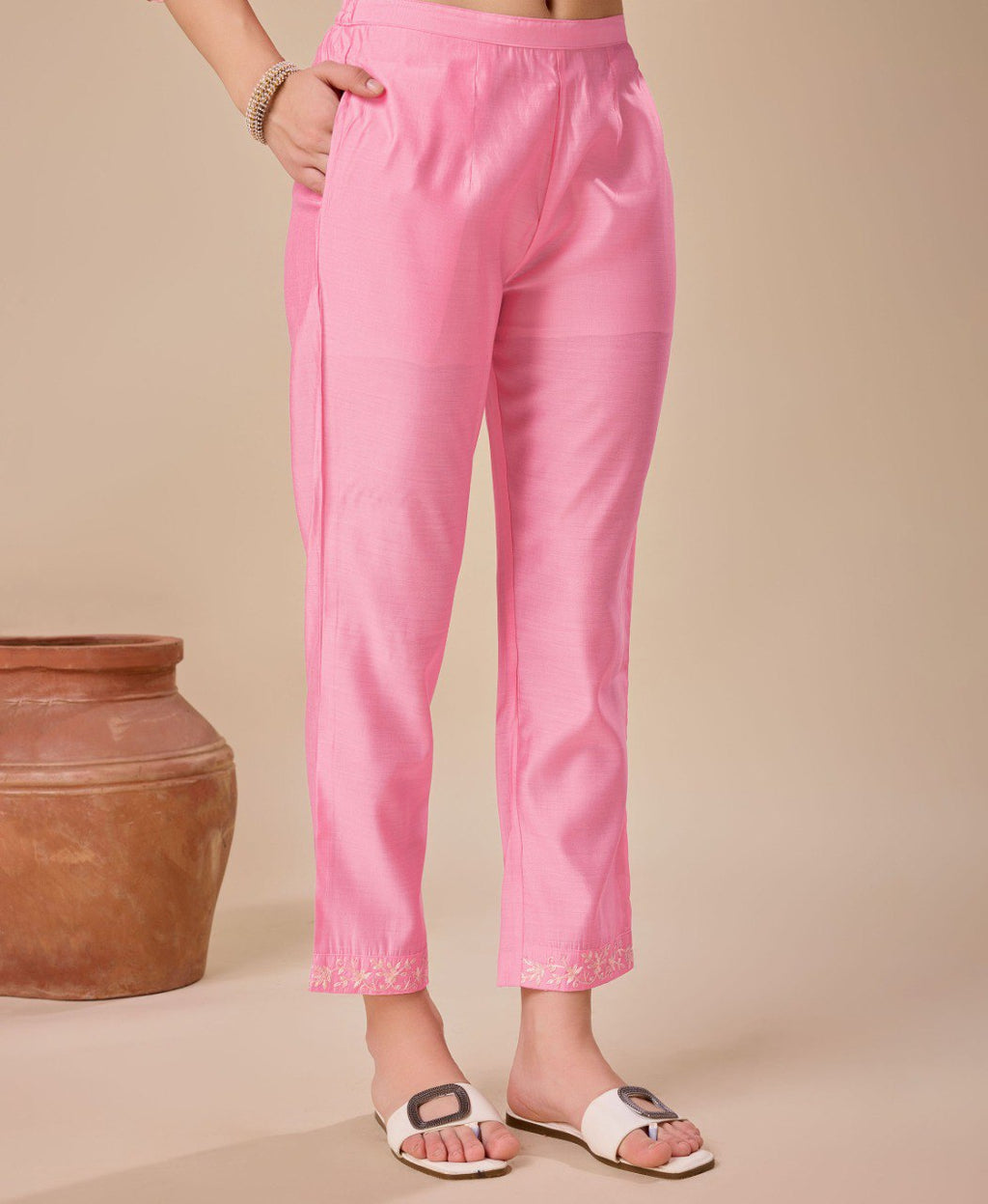 Prazu Fashion Pink Viscose Silk Embroidered Kurta Set | Grocsy