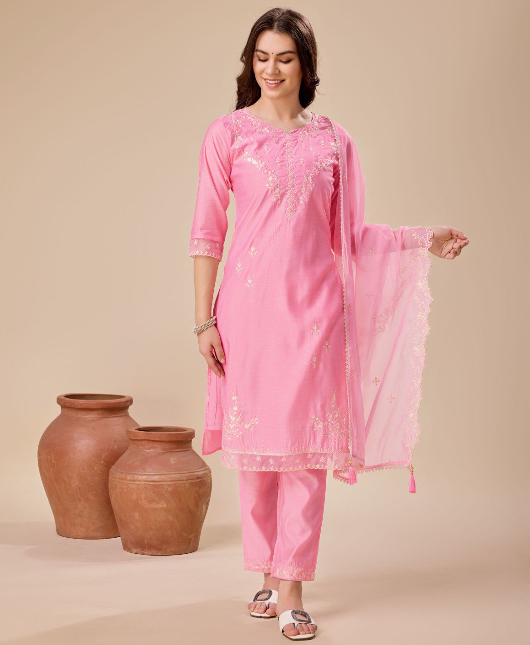 Prazu Fashion Pink Viscose Silk Embroidered Kurta Set | Grocsy