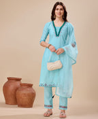 Prazu Fashion Sky Blue Viscose Silk Embroidered Kurta Set | Grocsy