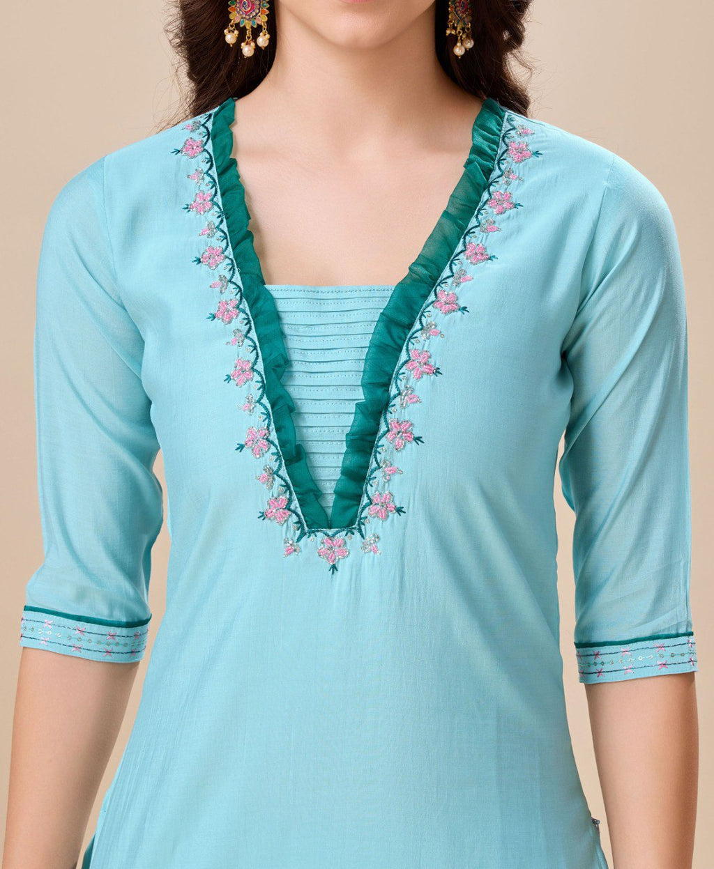 Prazu Fashion Sky Blue Viscose Silk Embroidered Kurta Set | Grocsy