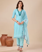 Prazu Fashion Sky Blue Viscose Silk Embroidered Kurta Set | Grocsy