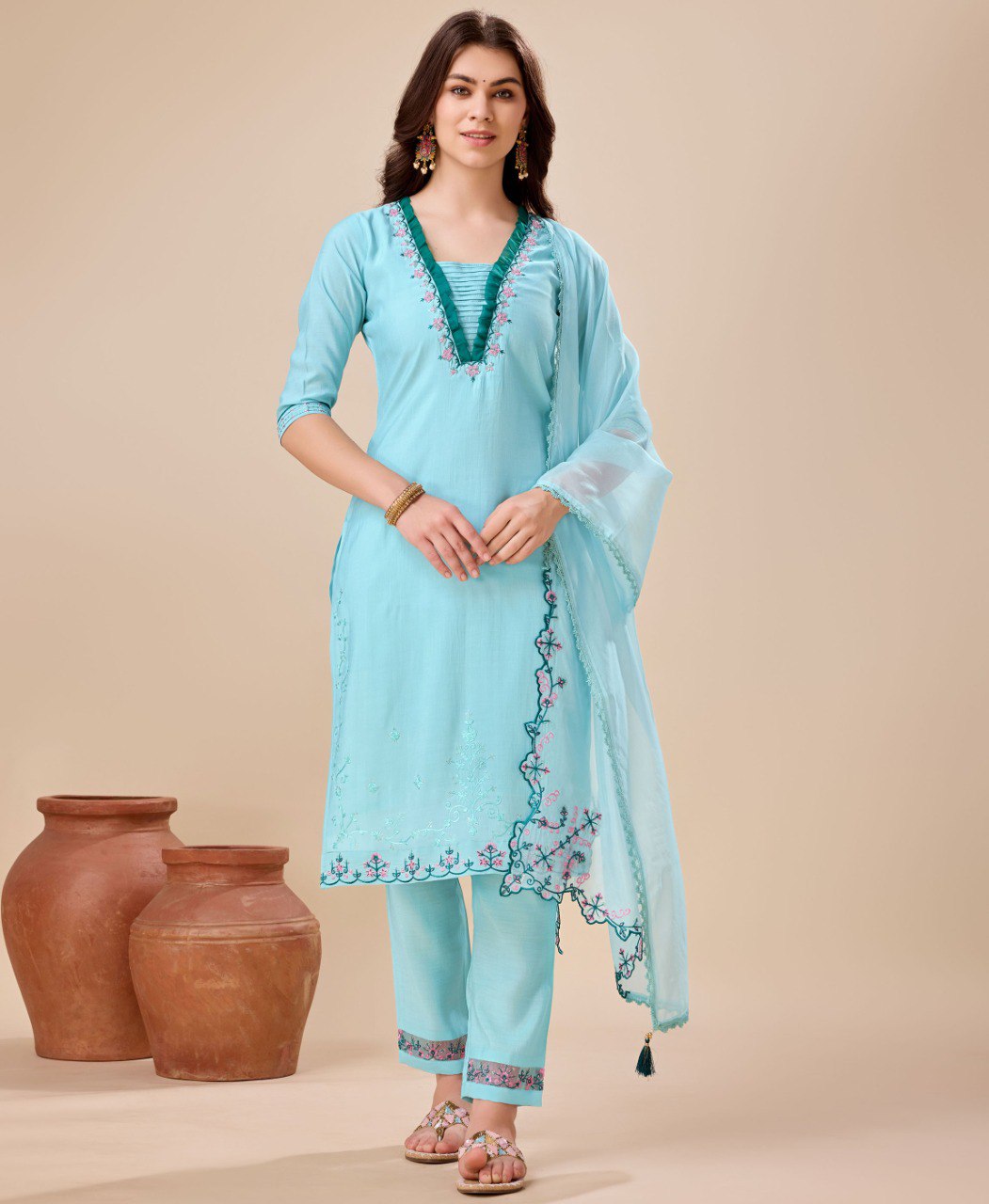 Prazu Fashion Sky Blue Viscose Silk Embroidered Kurta Set | Grocsy