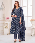 Prazu Fashion Navy Blue Pure Cotton Geometric & Gold Foil Print Kurta Set | Grocsy