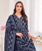 Prazu Fashion Navy Blue Pure Cotton Geometric & Gold Foil Print Kurta Set | Grocsy