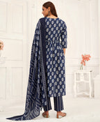 Prazu Fashion Navy Blue Pure Cotton Geometric & Gold Foil Print Kurta Set | Grocsy