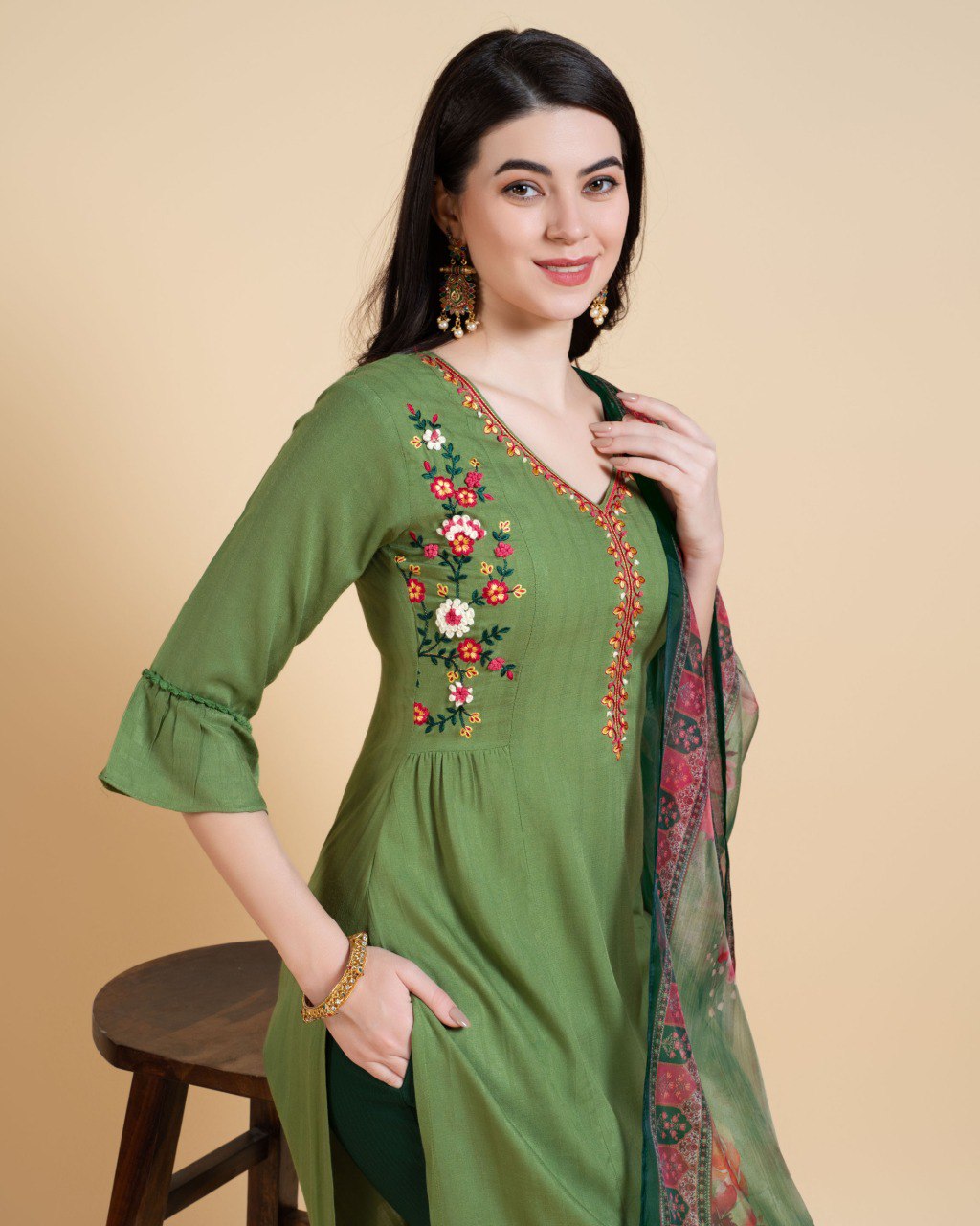 Prazu Fashion Mahendi Reyon Embroidered Kurta Set | Grocsy