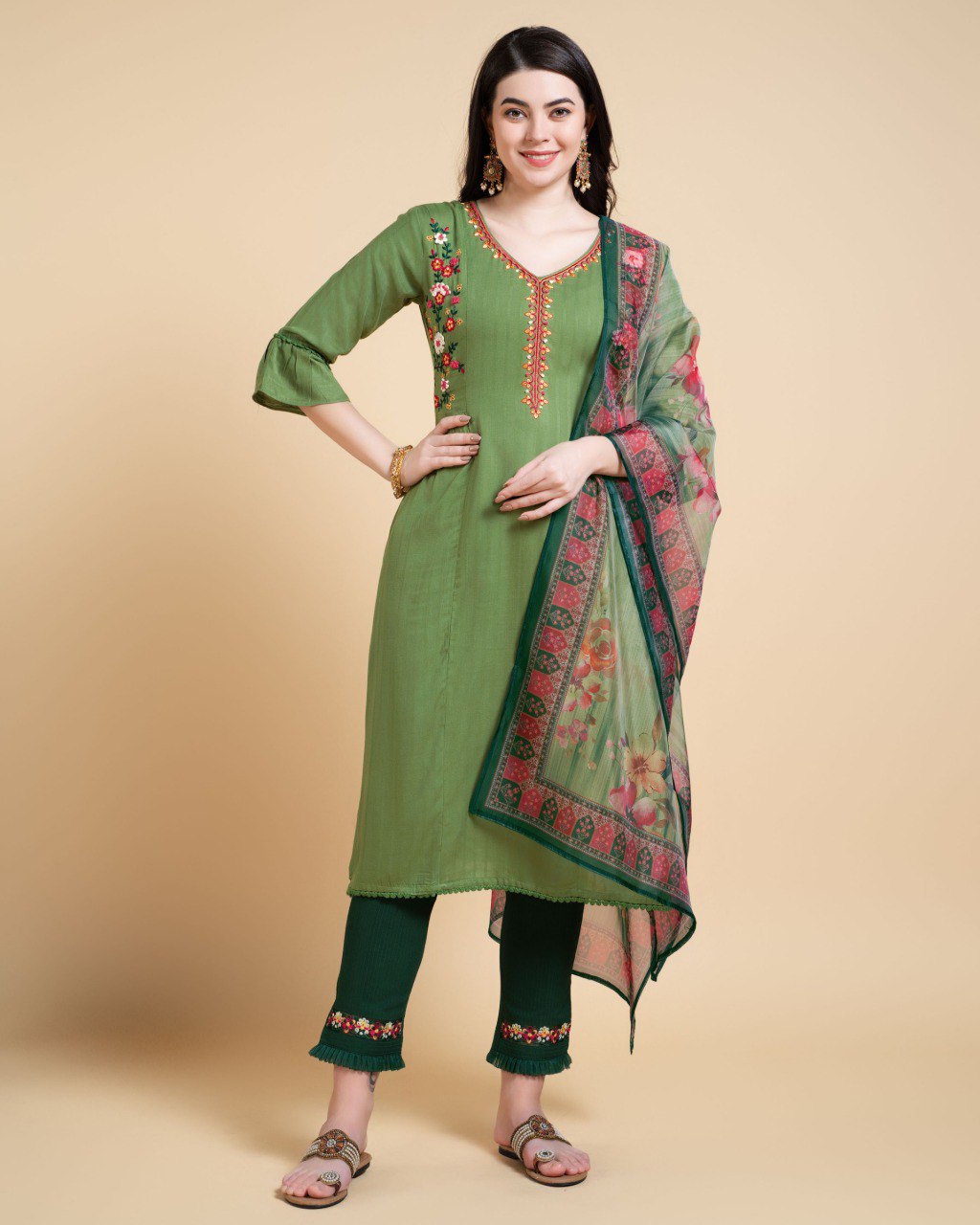 Prazu Fashion Mahendi Reyon Embroidered Kurta Set | Grocsy