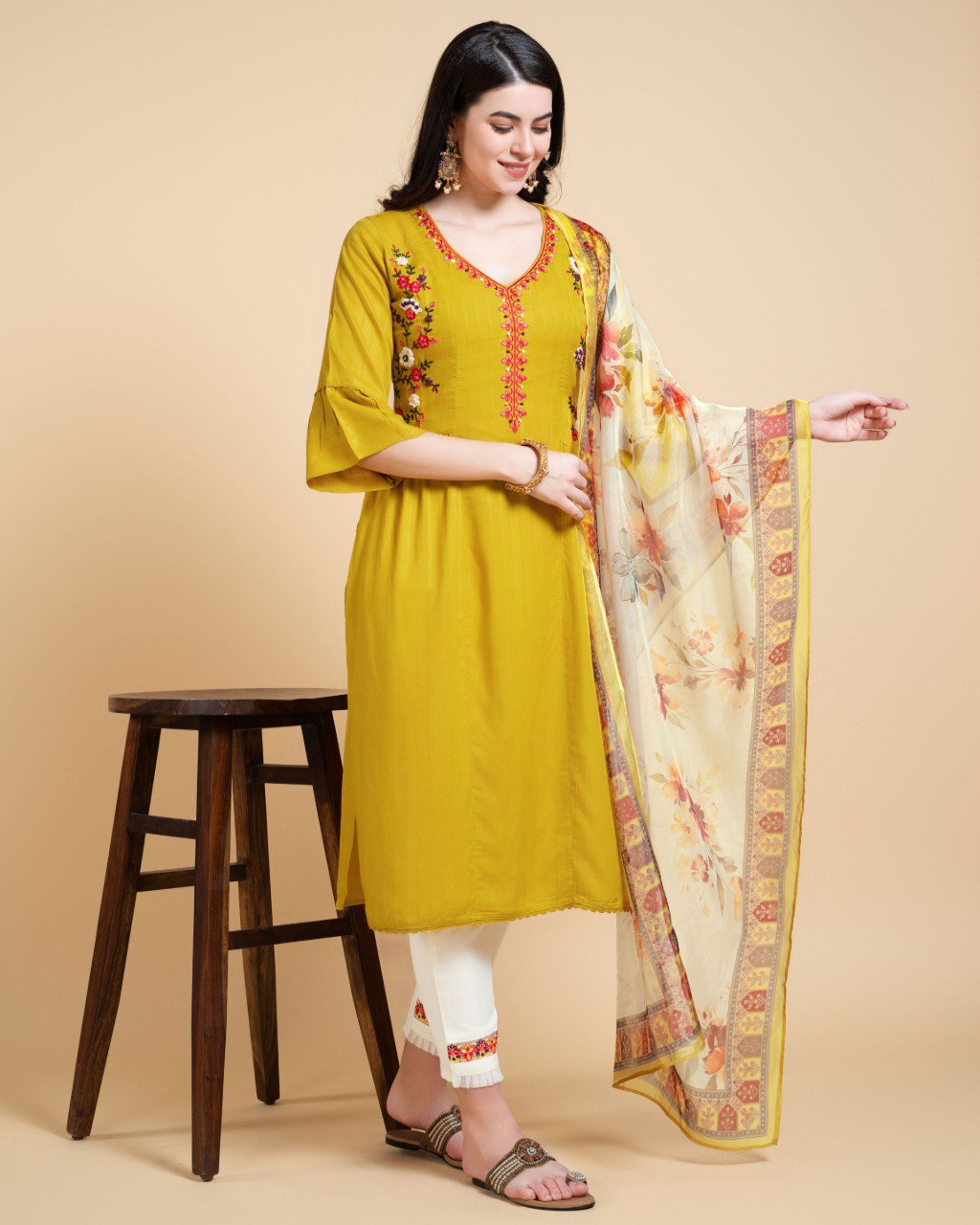 Prazu Fashion Yellow Reyon Embroidered Kurta Set | Grocsy
