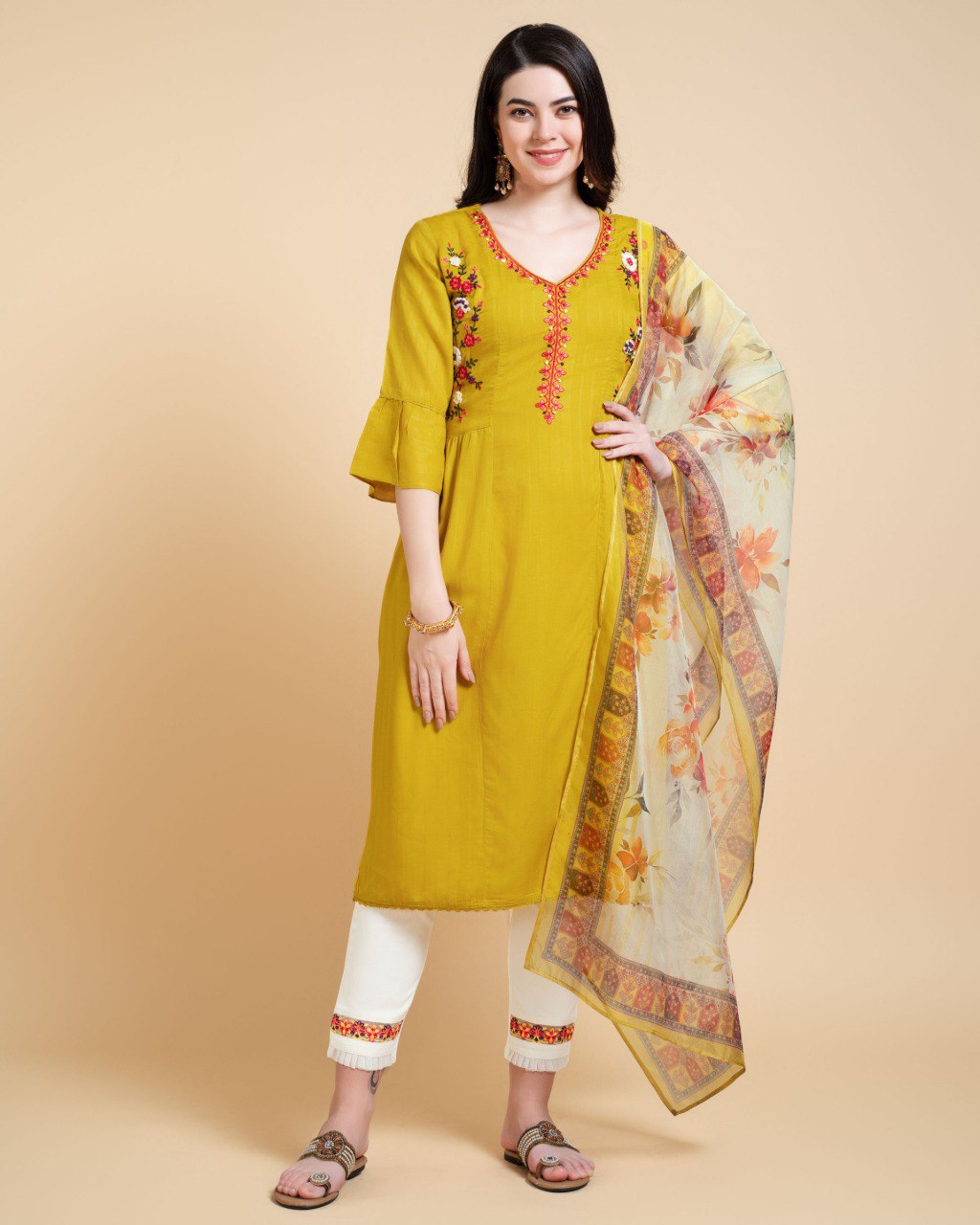 Prazu Fashion Yellow Reyon Embroidered Kurta Set | Grocsy