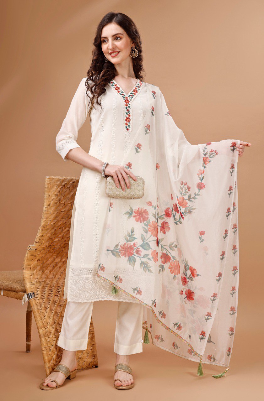 Prazu Fashion Off White Chanderi Silk Embroidered Kurta Set | Grocsy